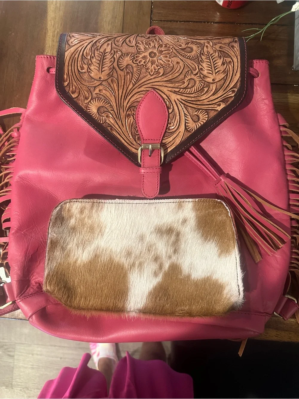Pink Tooled Leather Flap Backpack with Haircalf Pocket